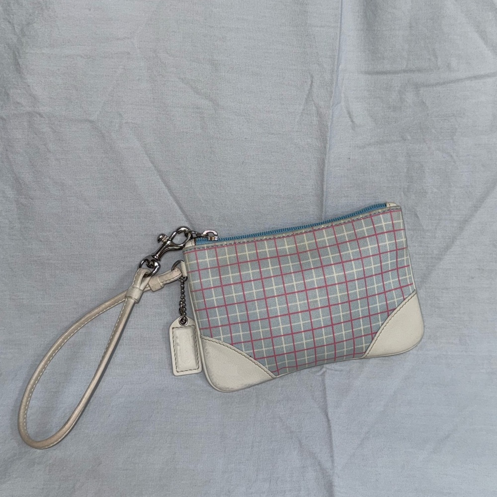 Vintage Coach 1823 Soho Plaid Twill Wristlet / wallet / pouch blue pink white